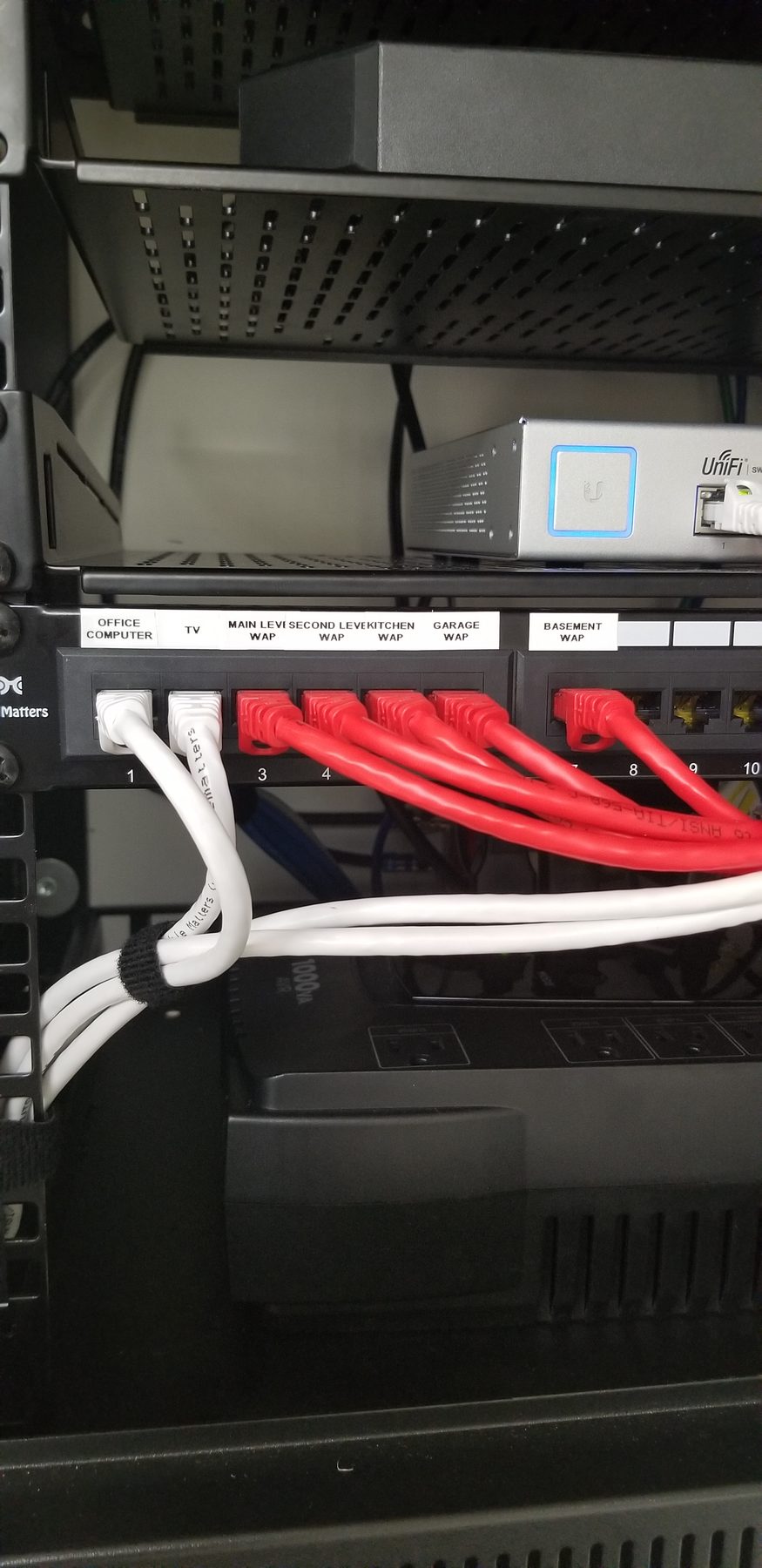 Close view of residential network switch and organized patch cords inside the cabinet