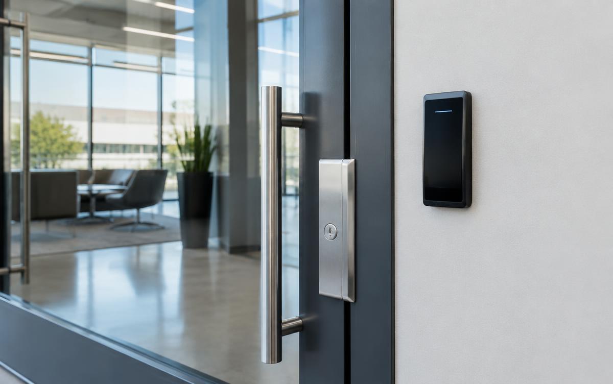 Modern access control reader at a commercial entry