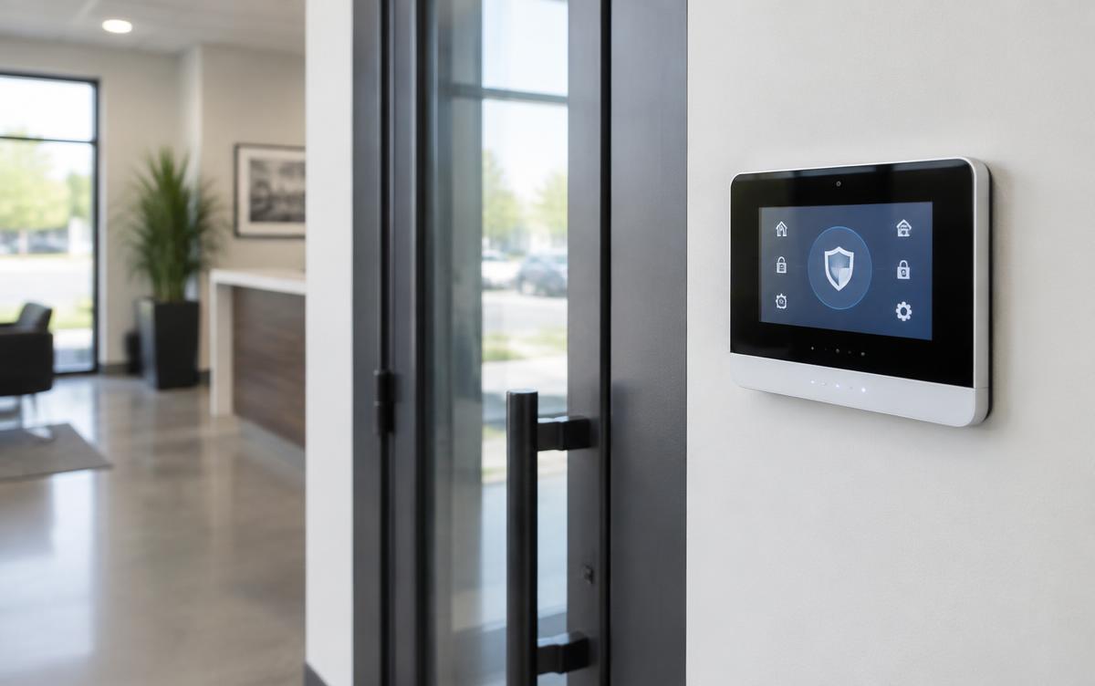 Modern commercial alarm keypad beside a business entry