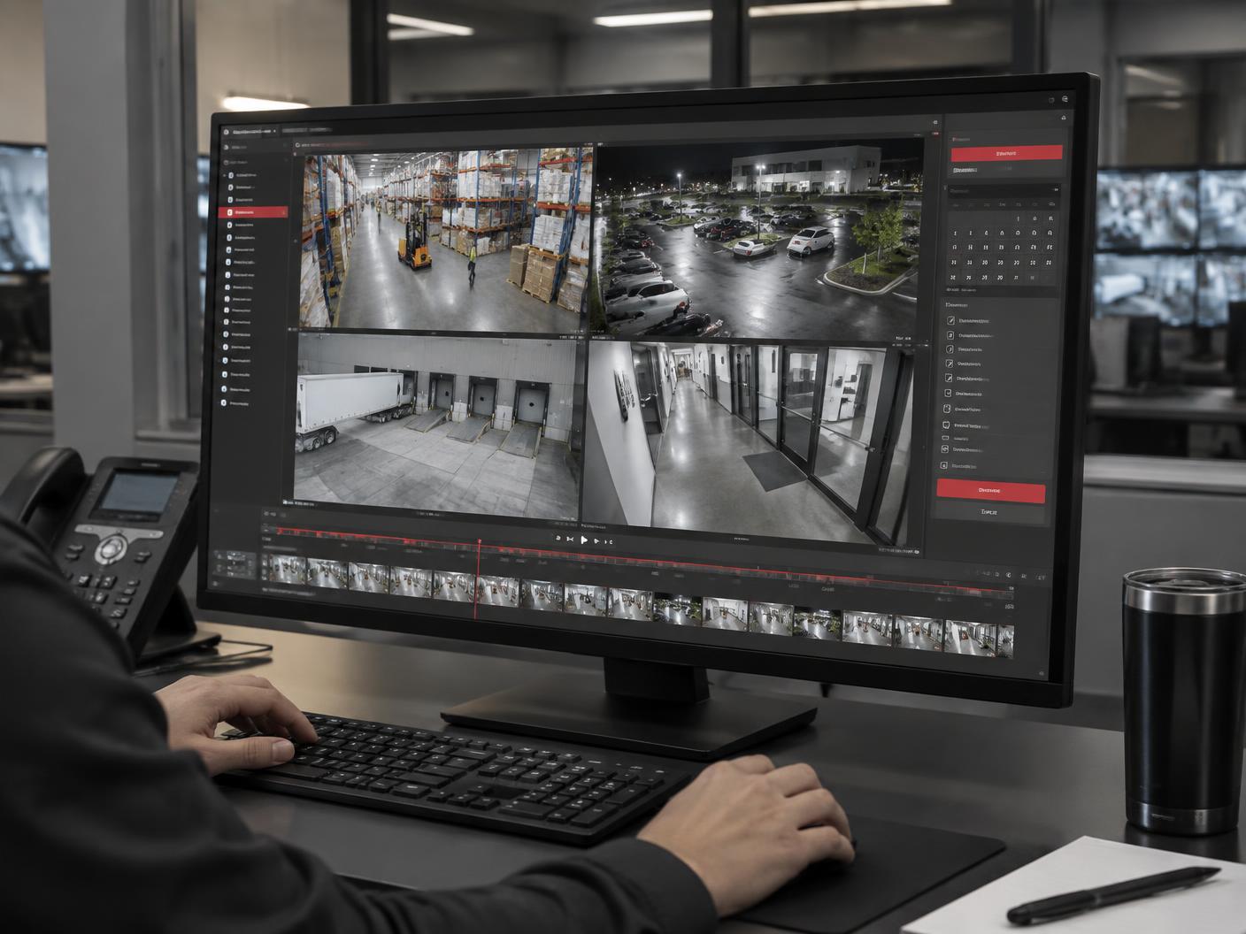 Commercial video management workstation displaying warehouse and parking lot camera views