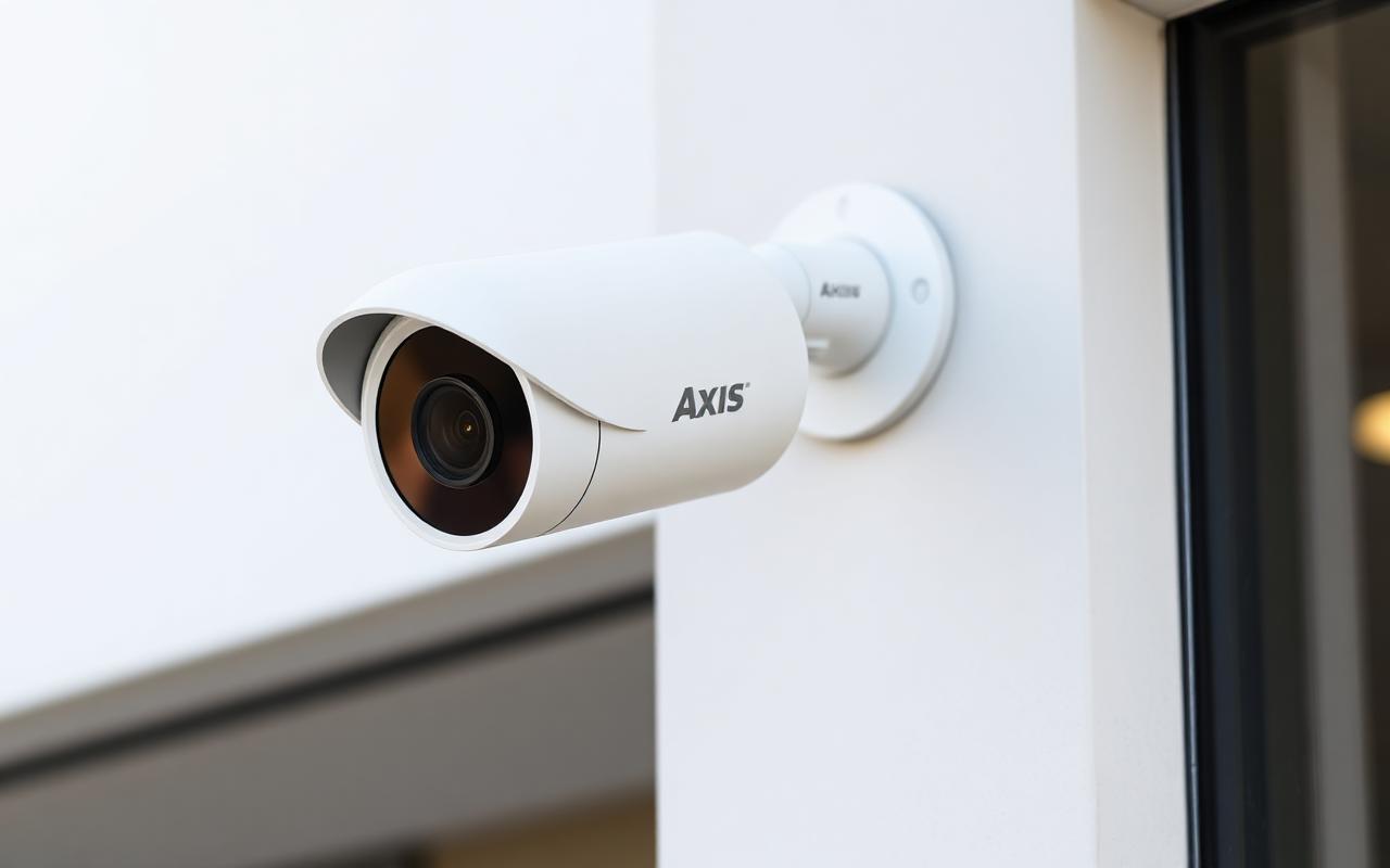 Axis Communications white bullet IP security camera mounted on a commercial exterior wall