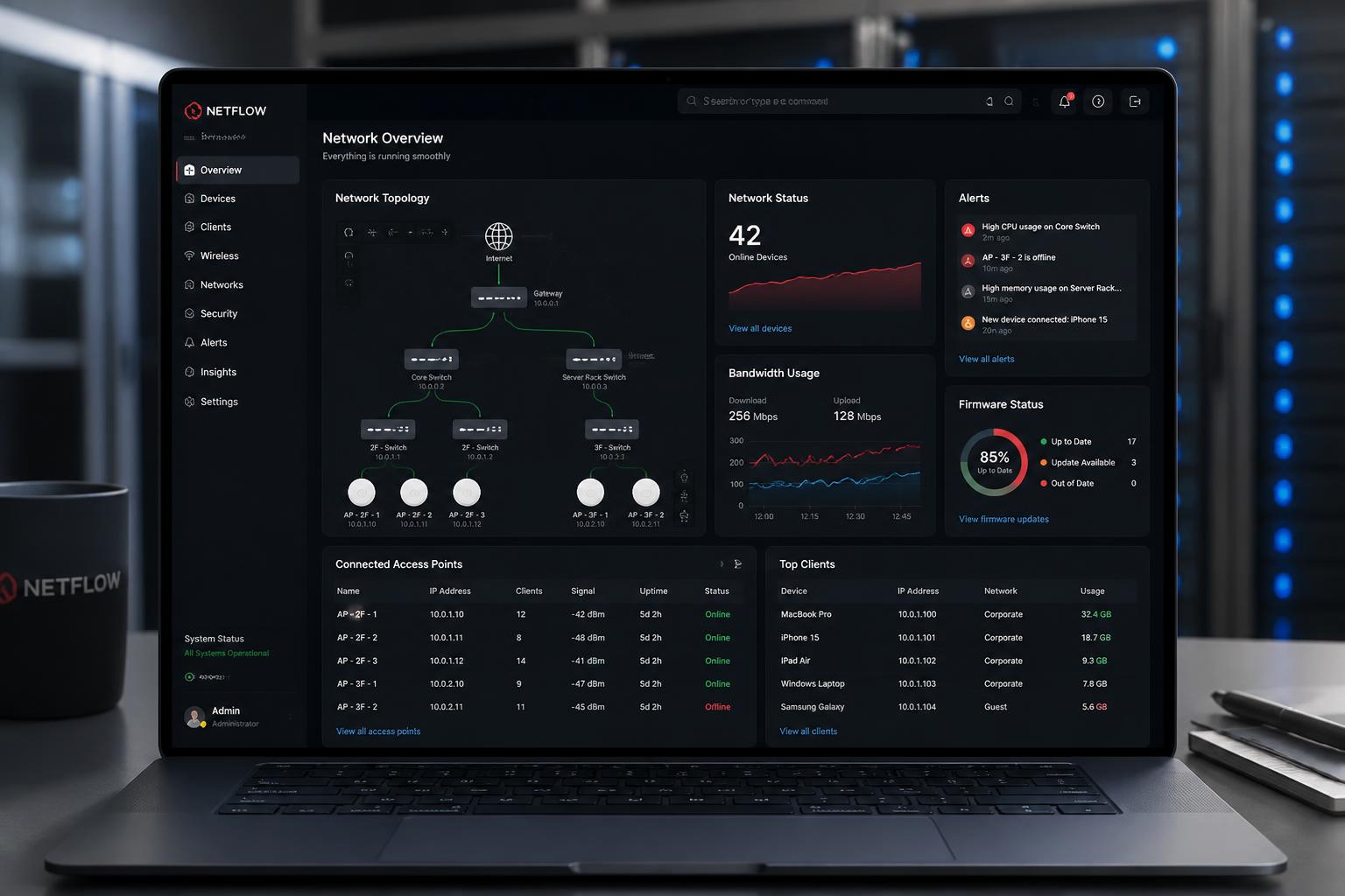 Modern cloud network management dashboard showing topology map, online devices, bandwidth graphs, and alerts