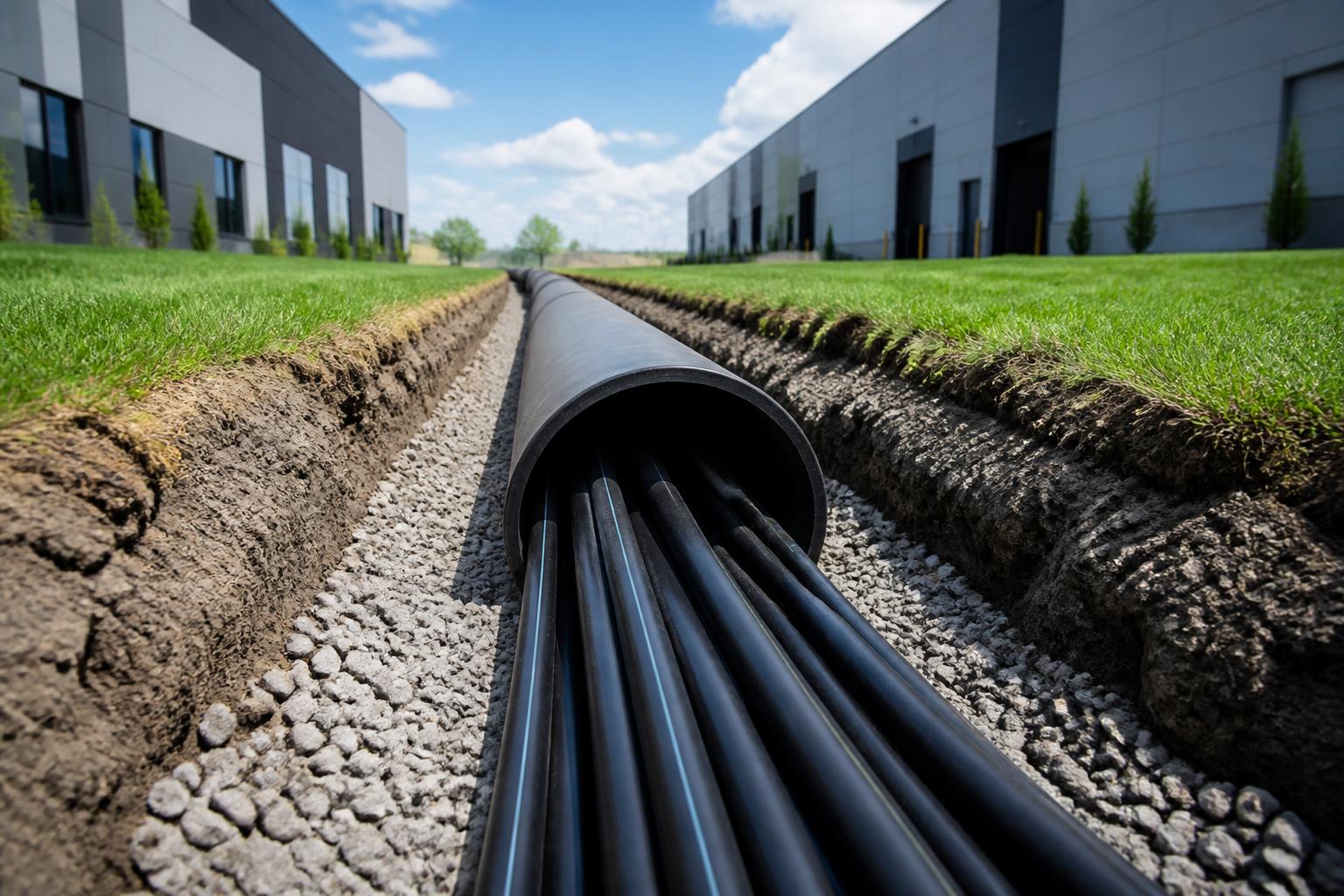 Underground fiber optic conduit run connecting two commercial warehouse buildings on a campus