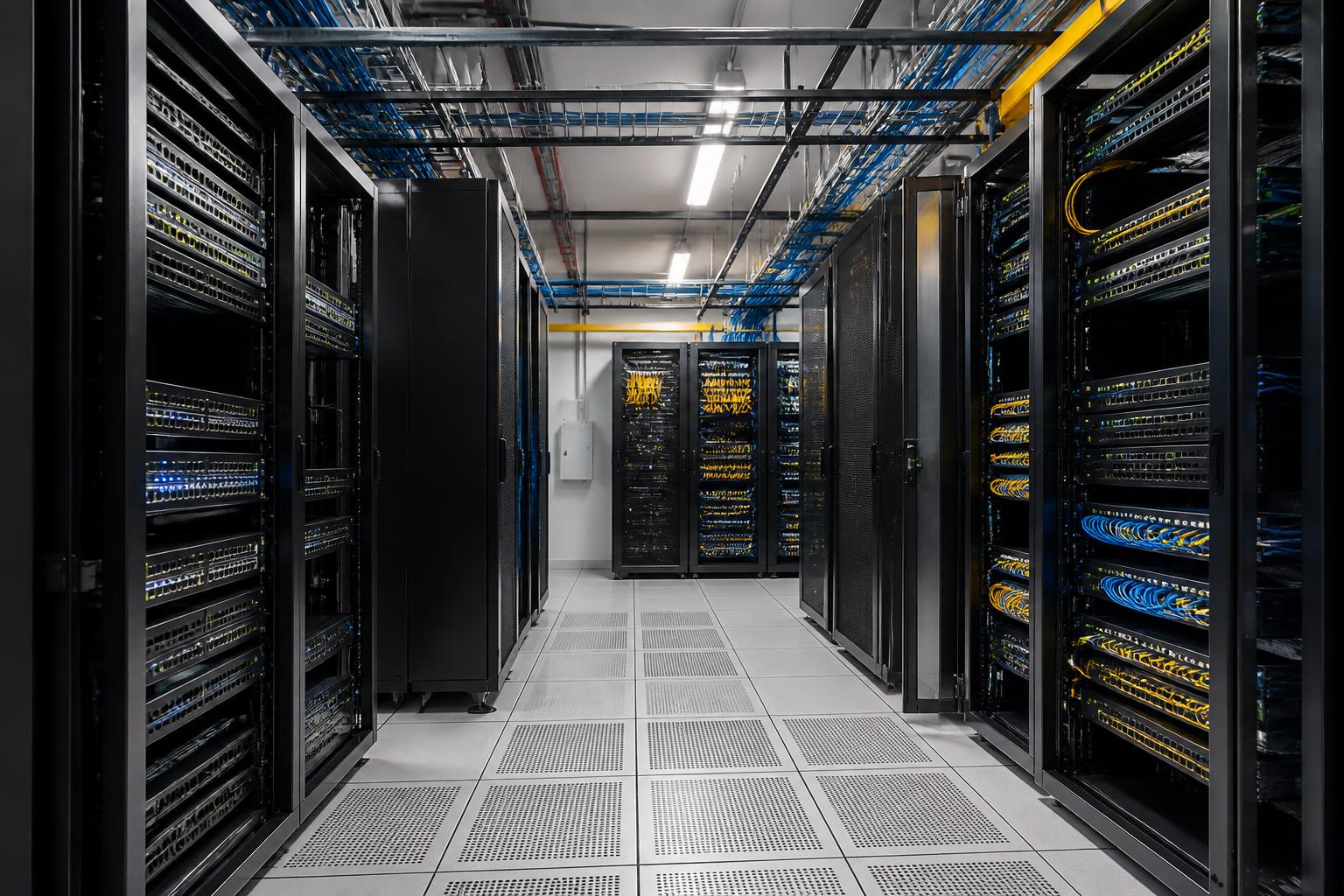 Complete MDF and IDF server room with full network racks, fiber distribution panels, switches, and cable management