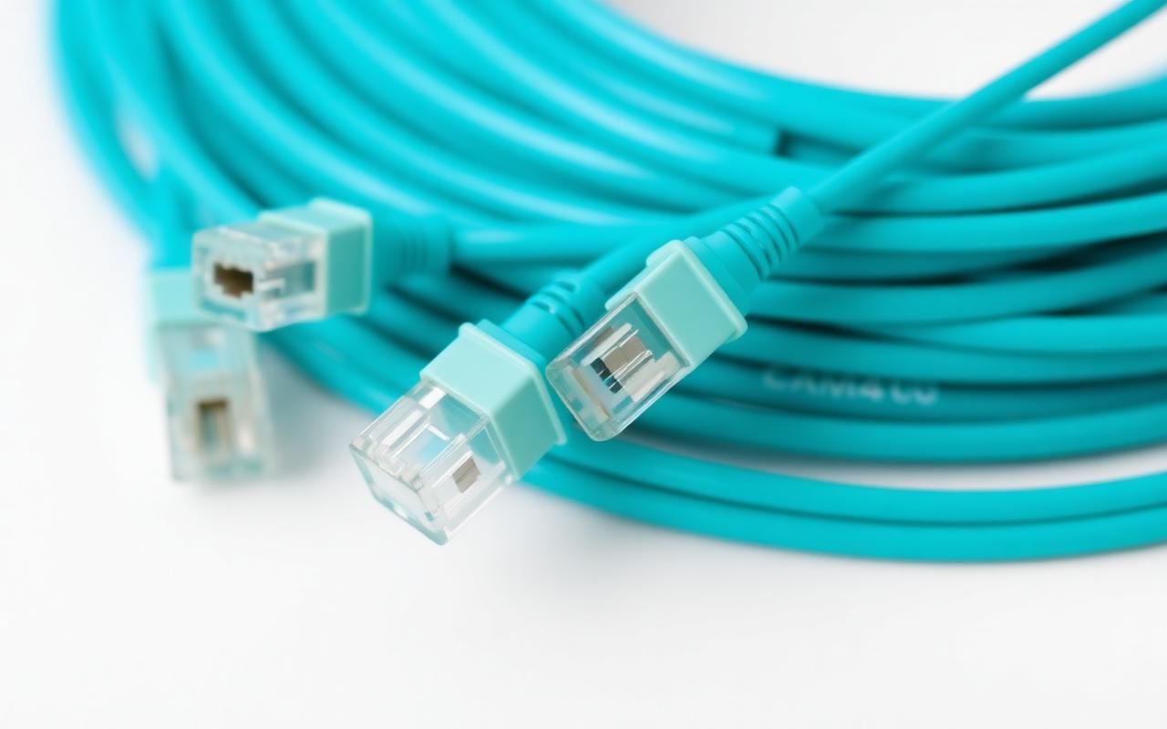 Aqua OM4 multimode fiber optic patch cables for short in-building runs