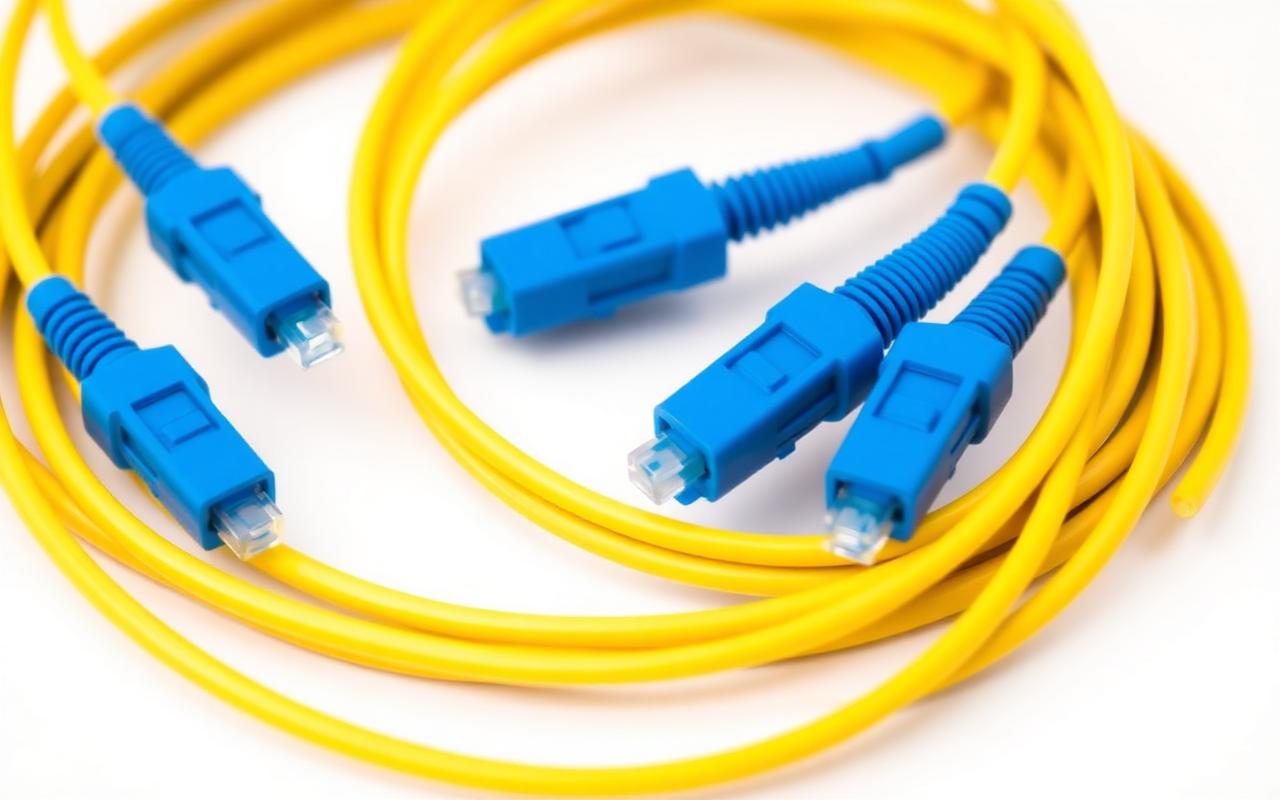 Yellow single-mode OS2 fiber optic patch cables with blue SC connectors
