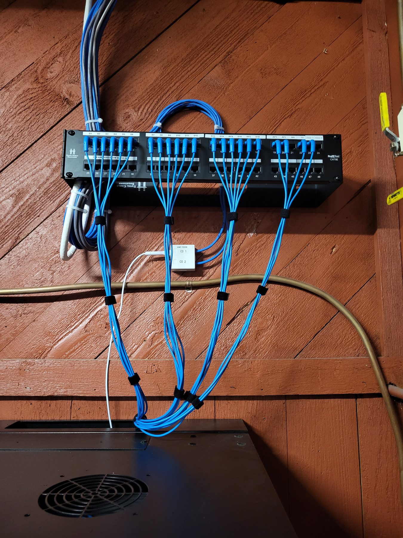 Close view of a patch panel on a wooden wall with blue patch cords looped and tied at even intervals