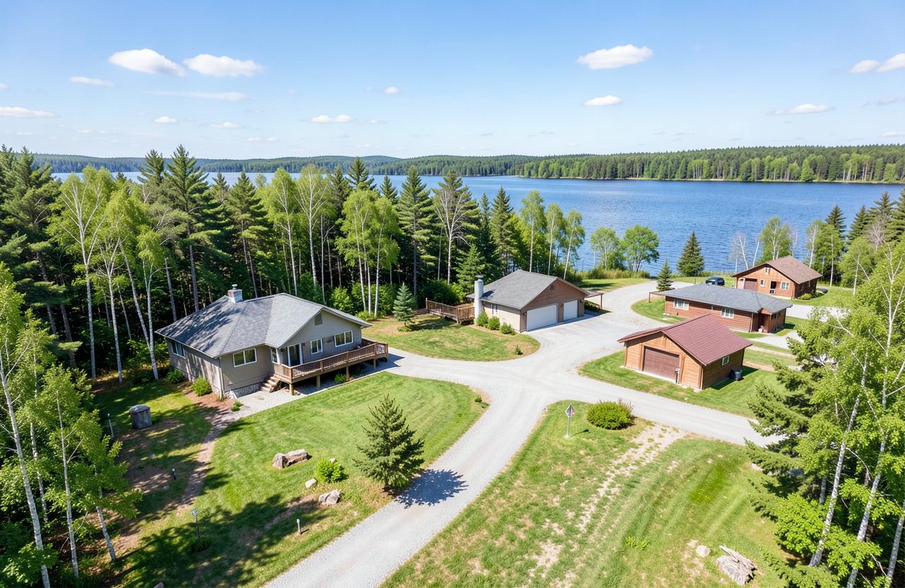Lake property with a main house, garage, workshop, and long driveway