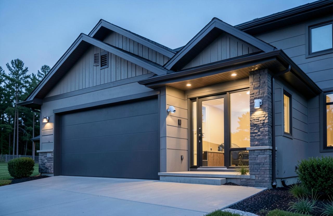 Hardwired security cameras covering a home entry and driveway
