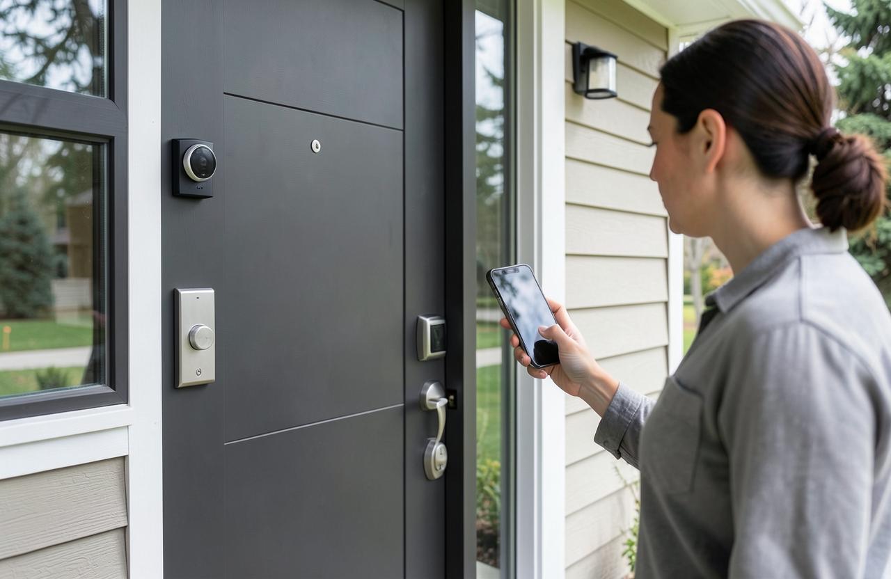 Video doorbell and smart lock installed on a home entry door