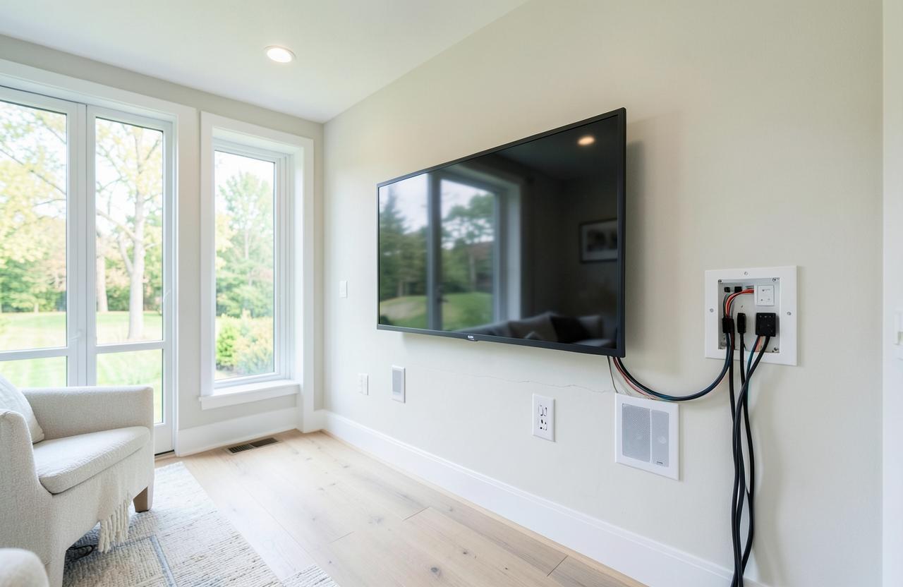 Wall-mounted television with organized in-wall media wiring